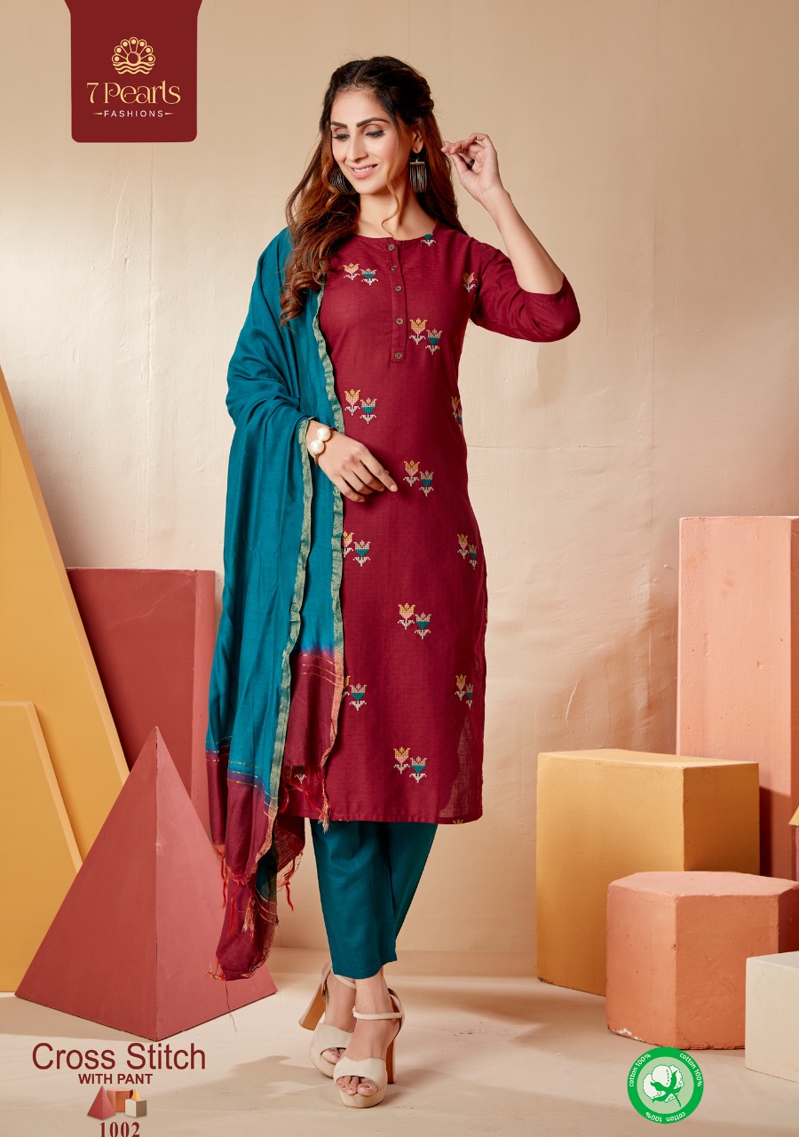 7 pearls cross stitch cotton gorgeous look kurti with pant and dupatta  catalog