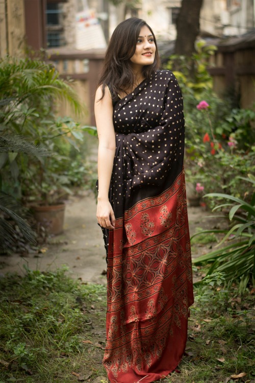 Shop the Black Ajrakh Modal Silk Saree - Hand Block Printed – Luxurion World