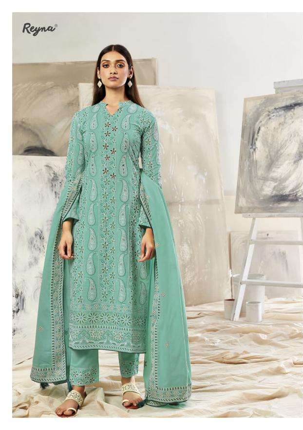 Lavangi Lucknow Chikan Pista Green Unstitched Cotton Dress Material