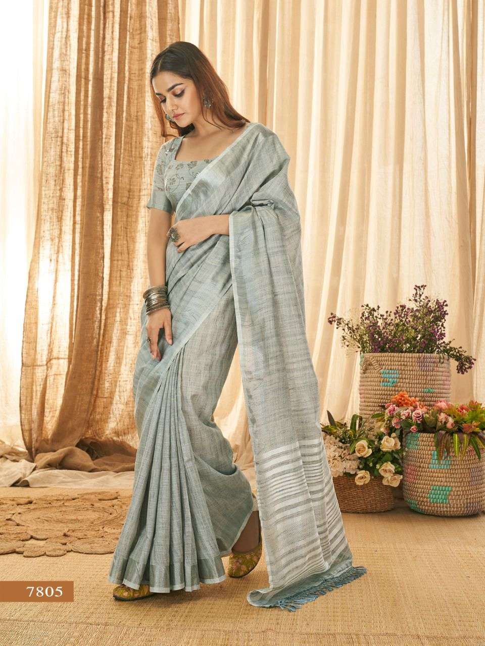 Multicolor Casual Wear Fancy Printed Linen Saree