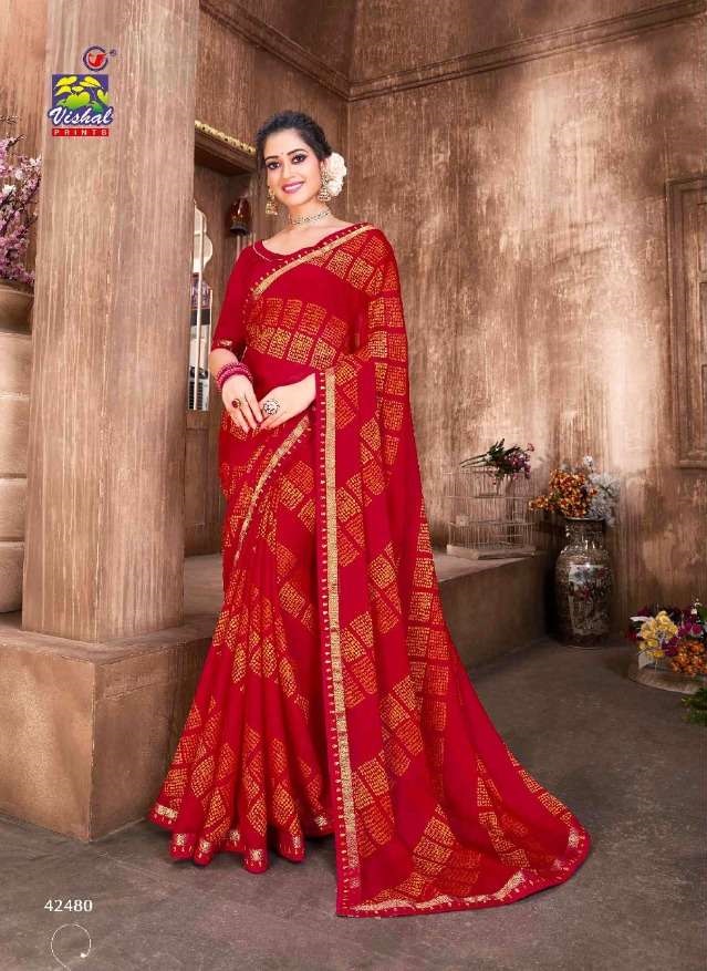 Vishal Prints 42496 Rang Barse Vol-2 Red Flooring Unstiched Fancy Saree