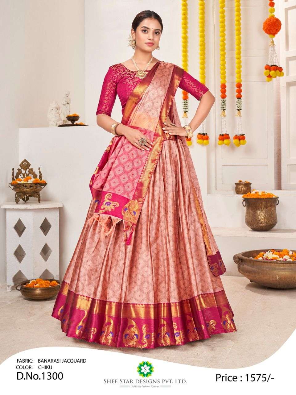 Rama Pista Firozi Banarasi Silk Crush Lehenga Choli With Gota Patti Em