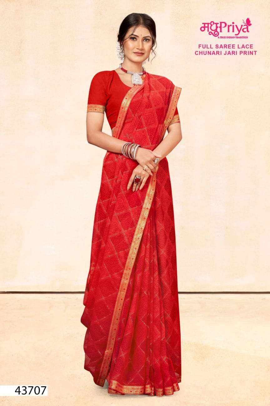 Mesmerising Yellow & Red Coloured Partywear Embellished Chiffon Saree