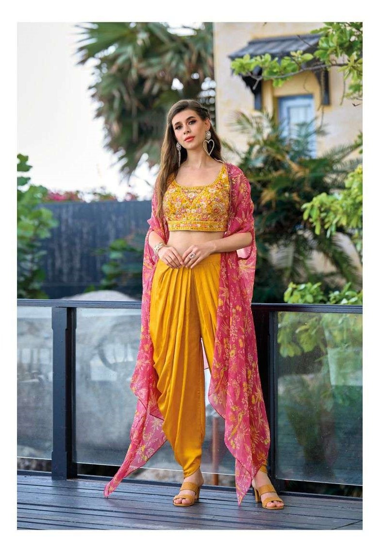 SAYISHA Embroidered Jacket And Dhoti Pant Set | Peach, Floral, Georgette,  Round, Sleeveless | Dhoti pants, Aza fashion, Peach jacket