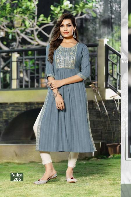 NAIRA VOL 2 BY H DOT RAYON FULL STICHED KURTIS WHOLESALE 5 PCS